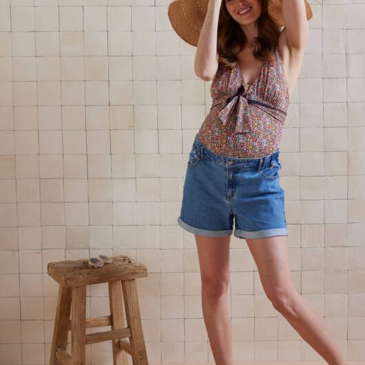 Before & After Mom Fit Denim Shorts stone
