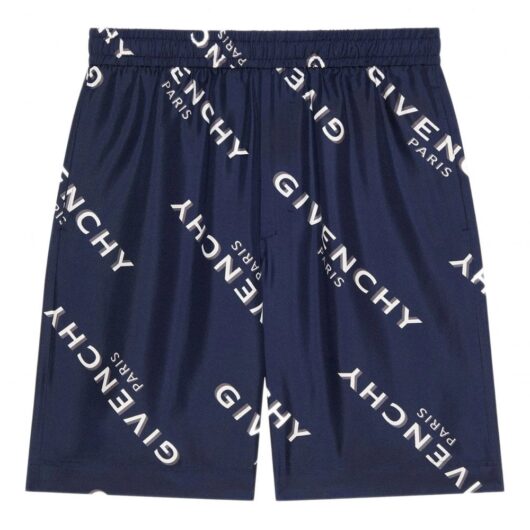 GIVENCHY SILK SCRIPT LOGO SHORTS Size: 46, colour: NAVY