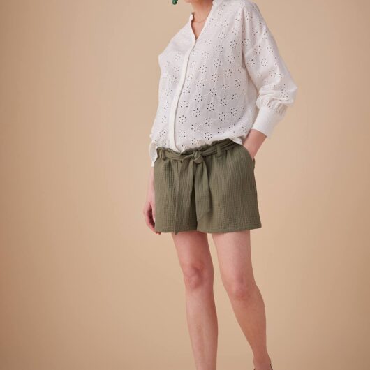 Paperbag-Effect Cotton Gauze Shorts for Maternity, ENVIE DE FRAISE olive